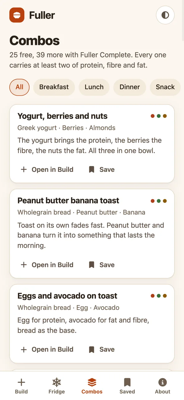 Fuller screenshot: a combo of protein, fibre and fat shown with the reason it holds you longer